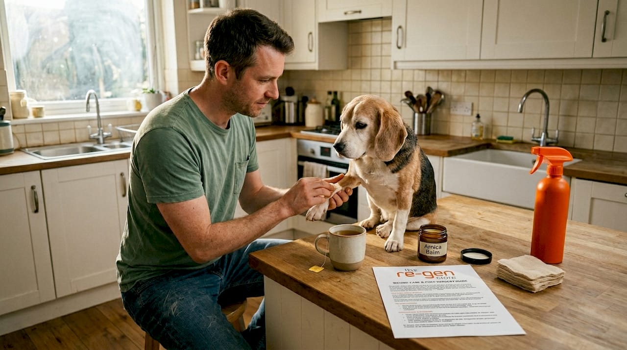 Man prepares pet wound care at kitchen island