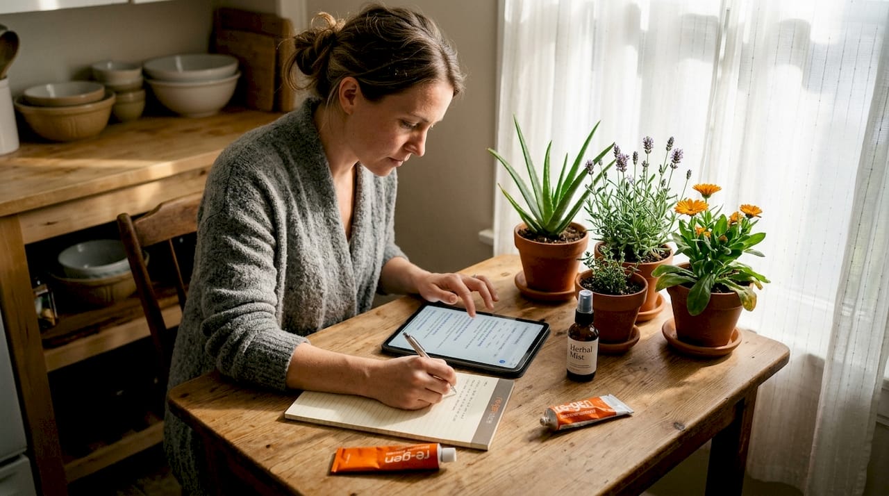 Woman studying healing skin herbs at table