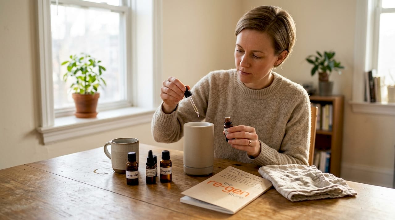 Woman preparing essential oil in kitchen