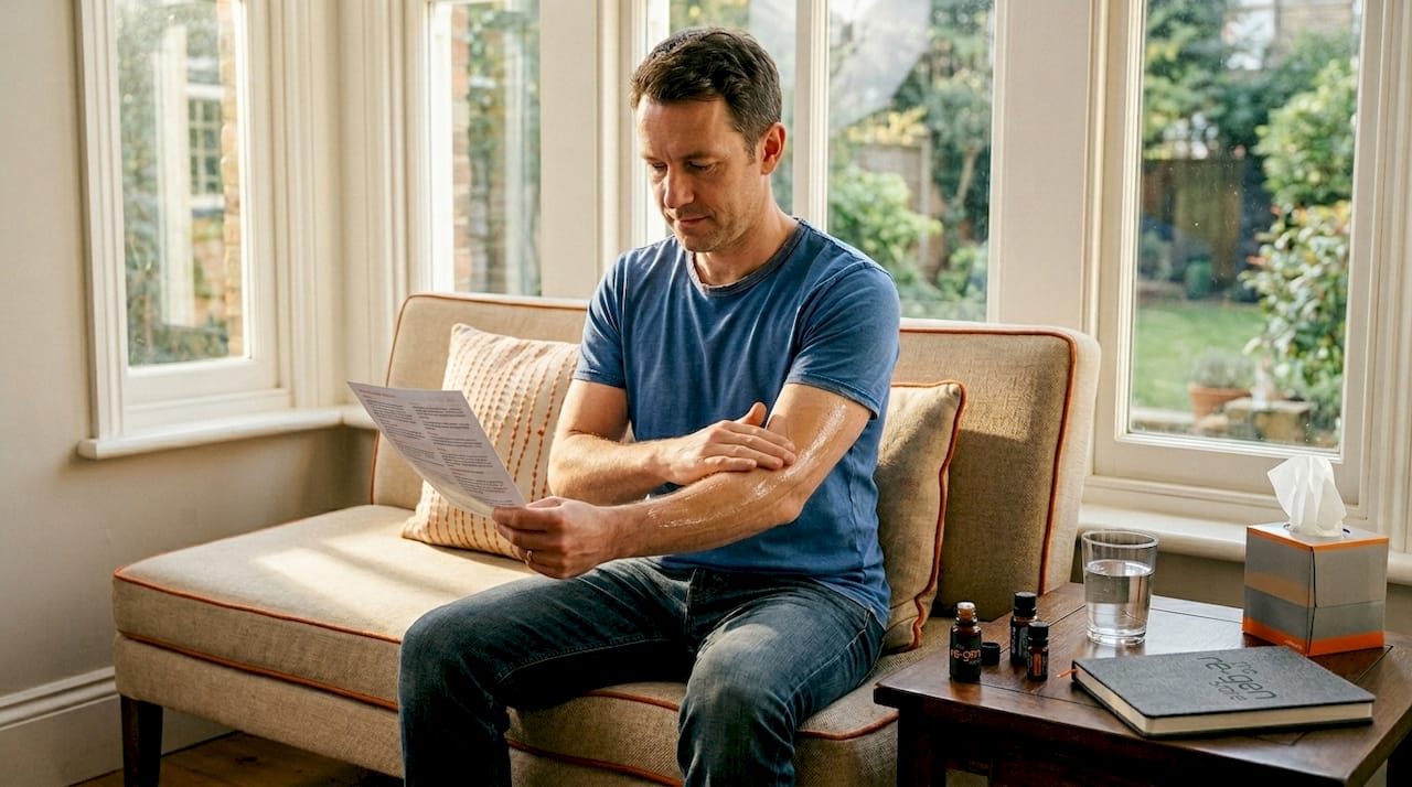 Man applying essential oil to forearm