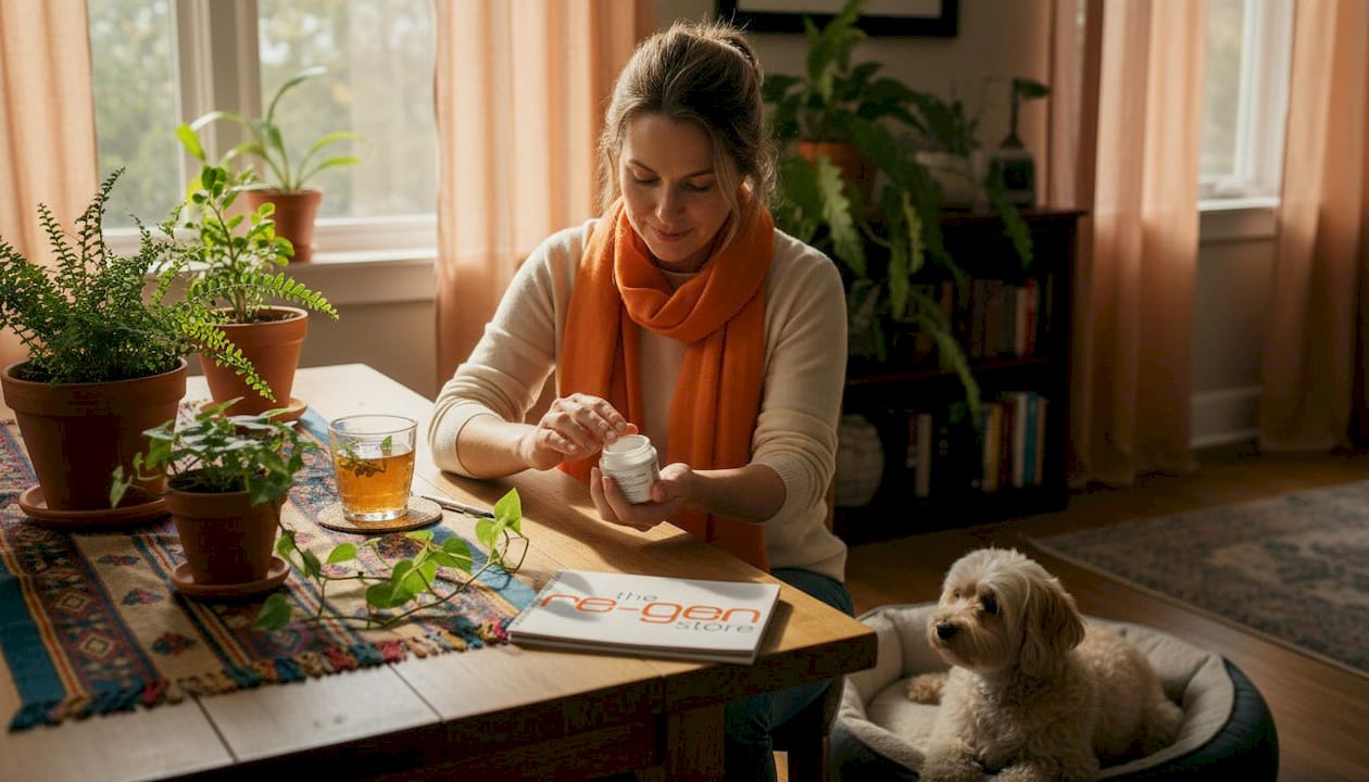 Woman applying natural ointment in home kitchen