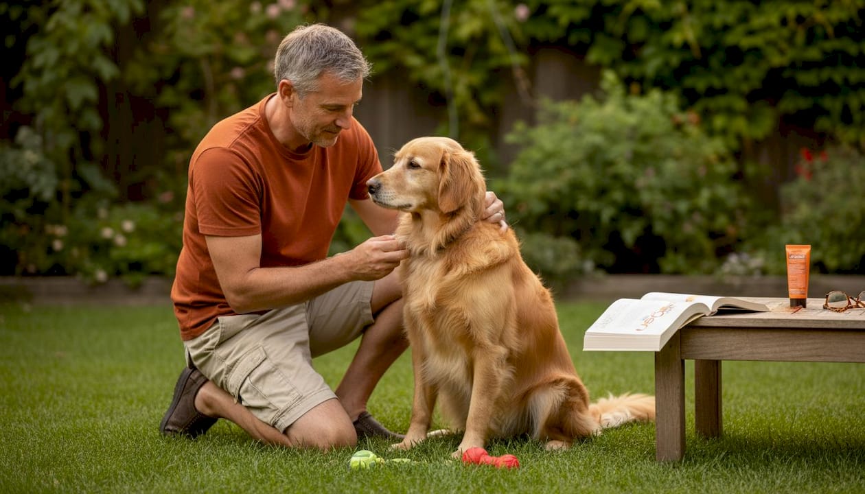 Man caring for dog's wound at home