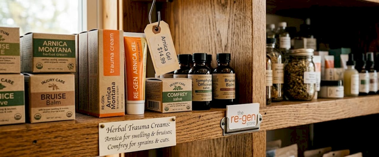 Pharmacy shelf with arnica and comfrey creams