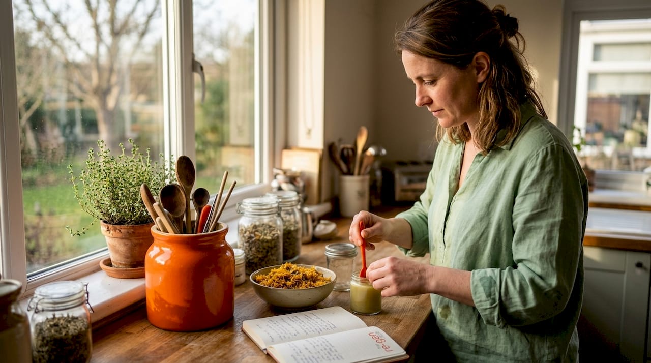Herbalist prepares ointment in natural kitchen