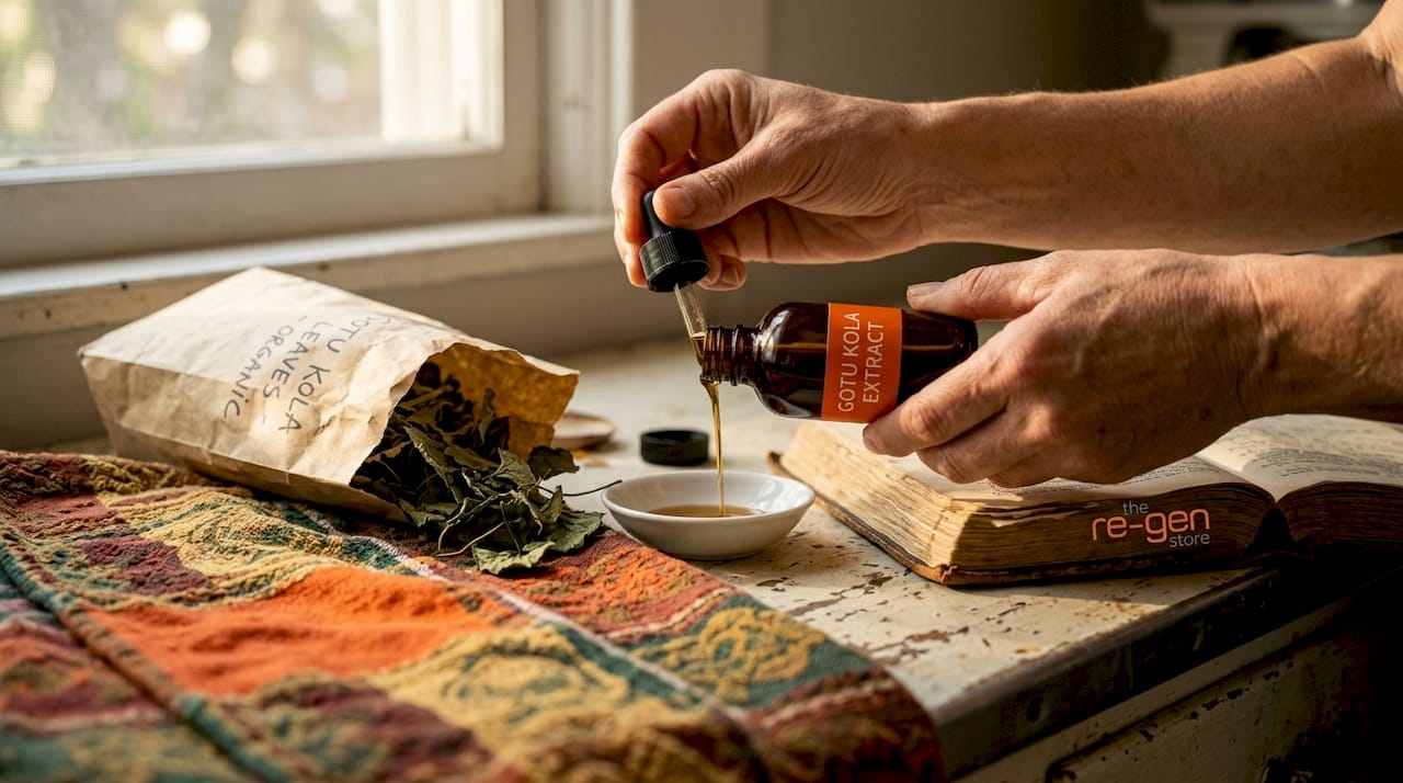 Hands preparing gotu kola herbal extract