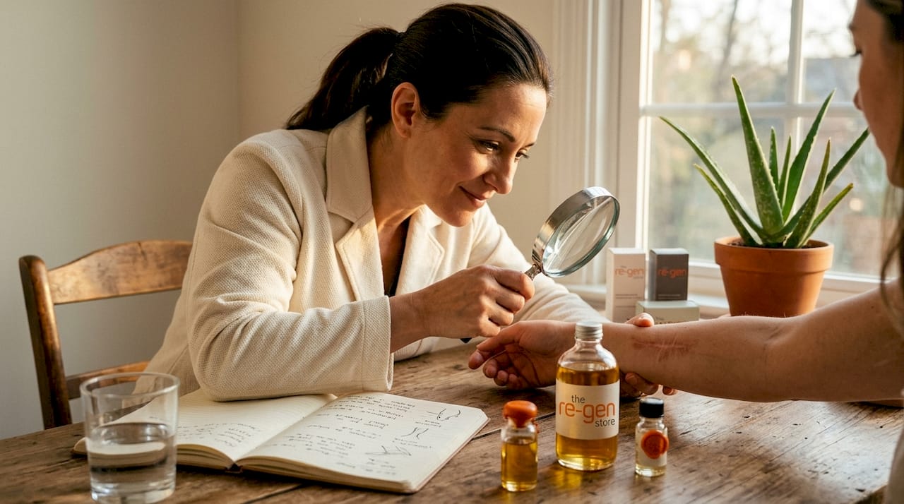 Dermatologist reviewing natural scar treatment workspace