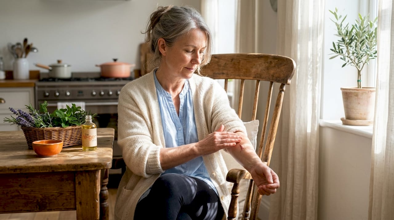 Woman massaging scar with plant oil at home