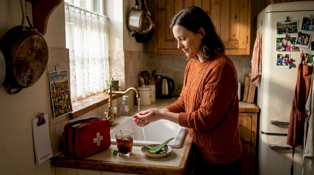 Woman cools hand under tap water at kitchen sink
