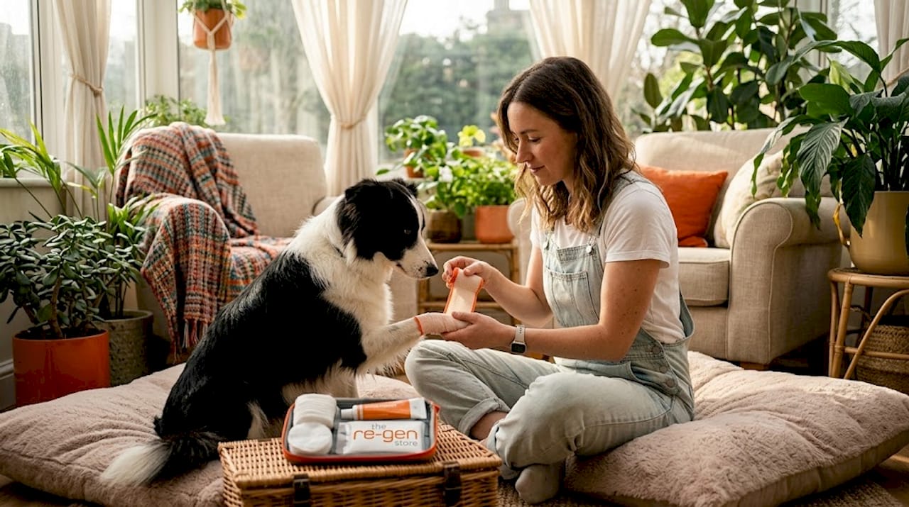 Woman caring for dog’s bandaged paw at home