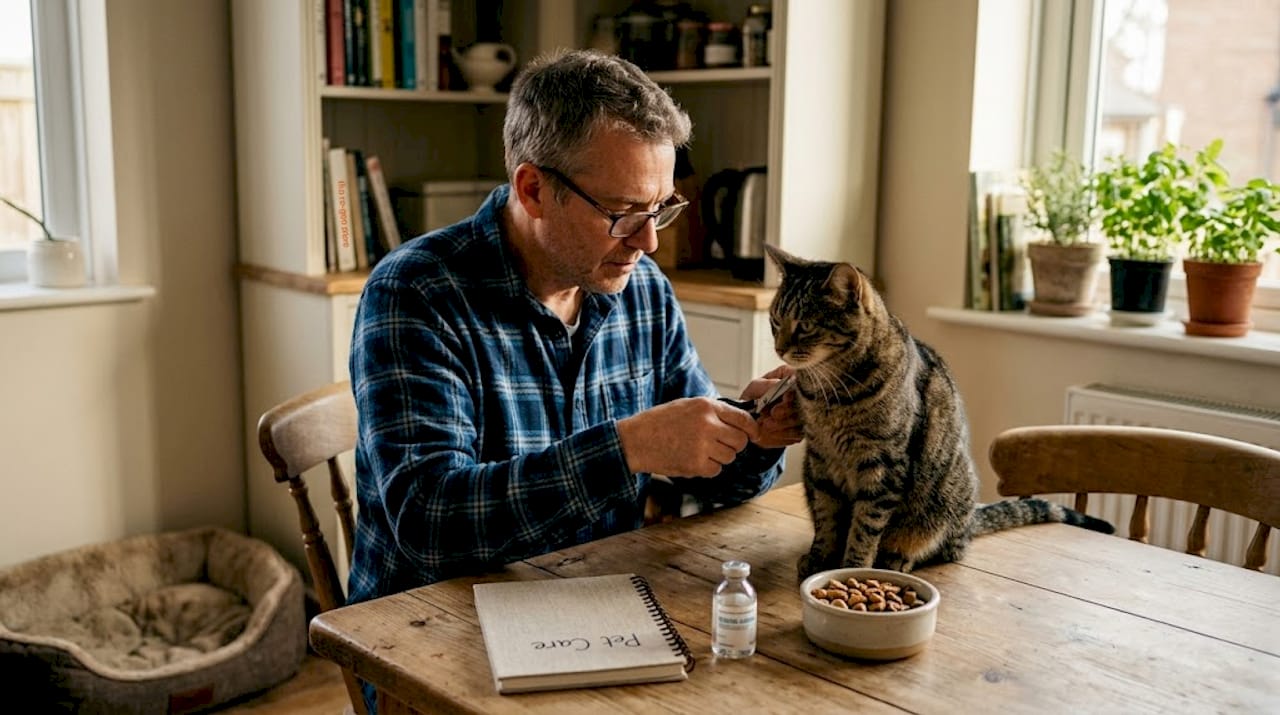 Man gently caring for cat’s minor wound in kitchen