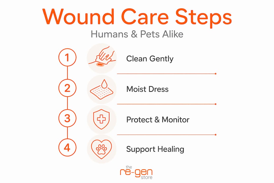 Infographic showing wound care steps for people and pets