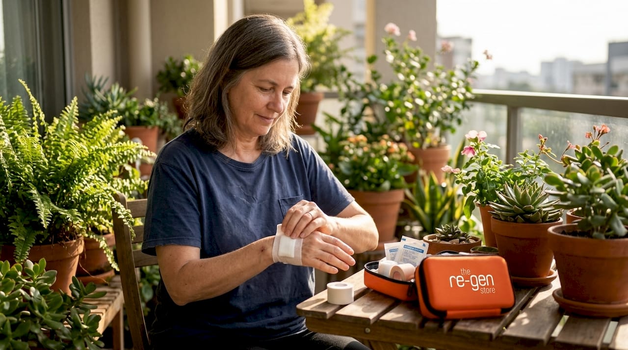 Woman changing arm bandage at kitchen table