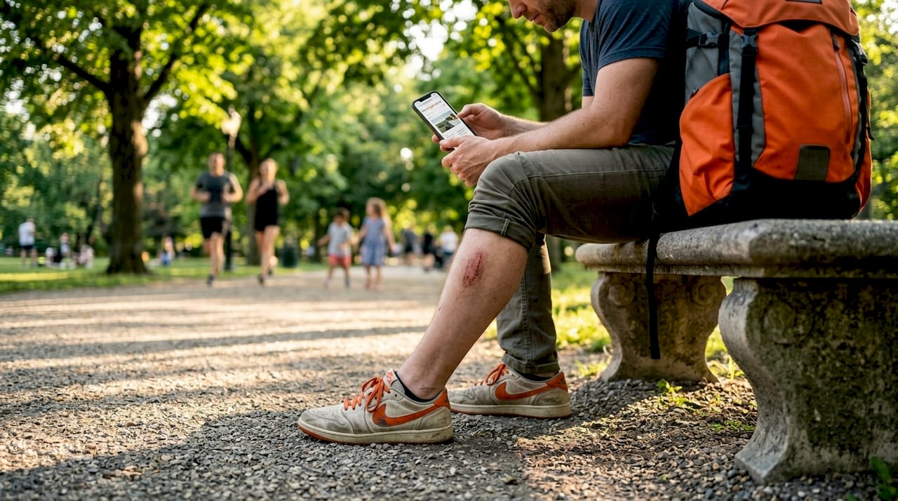 Man with uncovered leg scrape sitting outdoors
