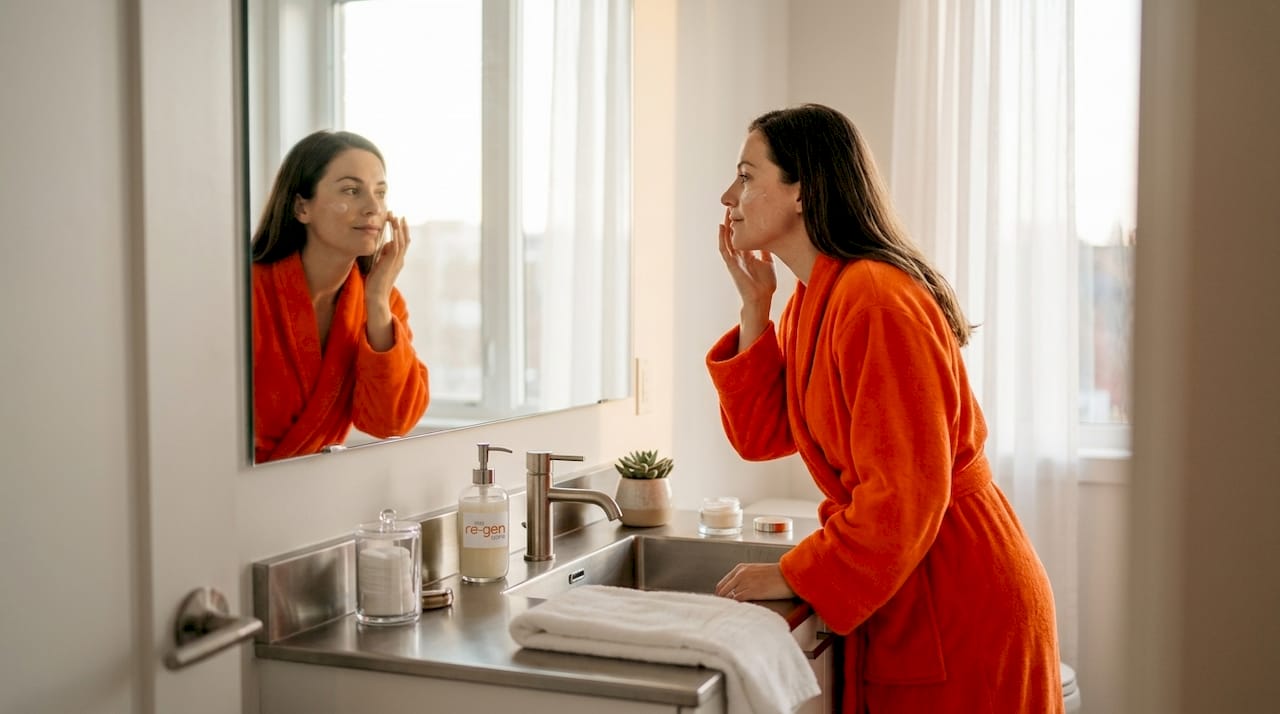Woman applying moisturizer in everyday bathroom