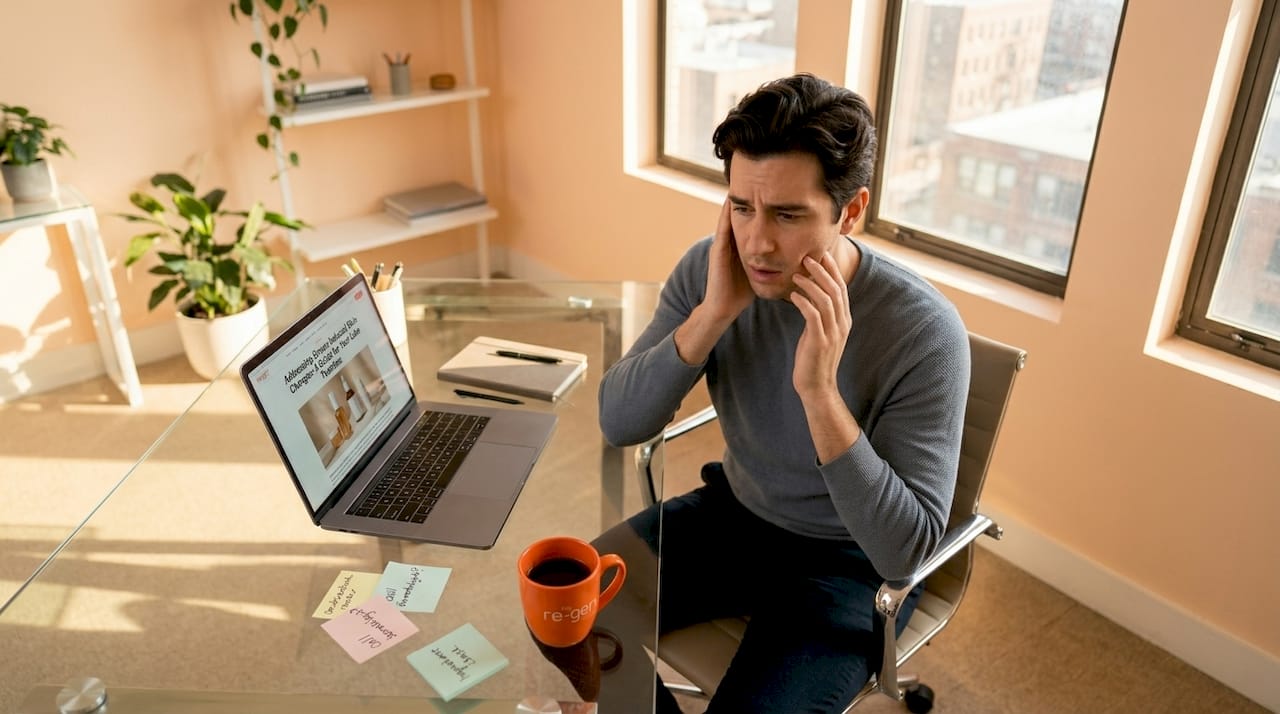 Man touching face with irritated skin at desk