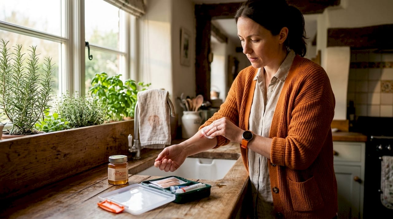 Woman cleaning wound in home bathroom setting