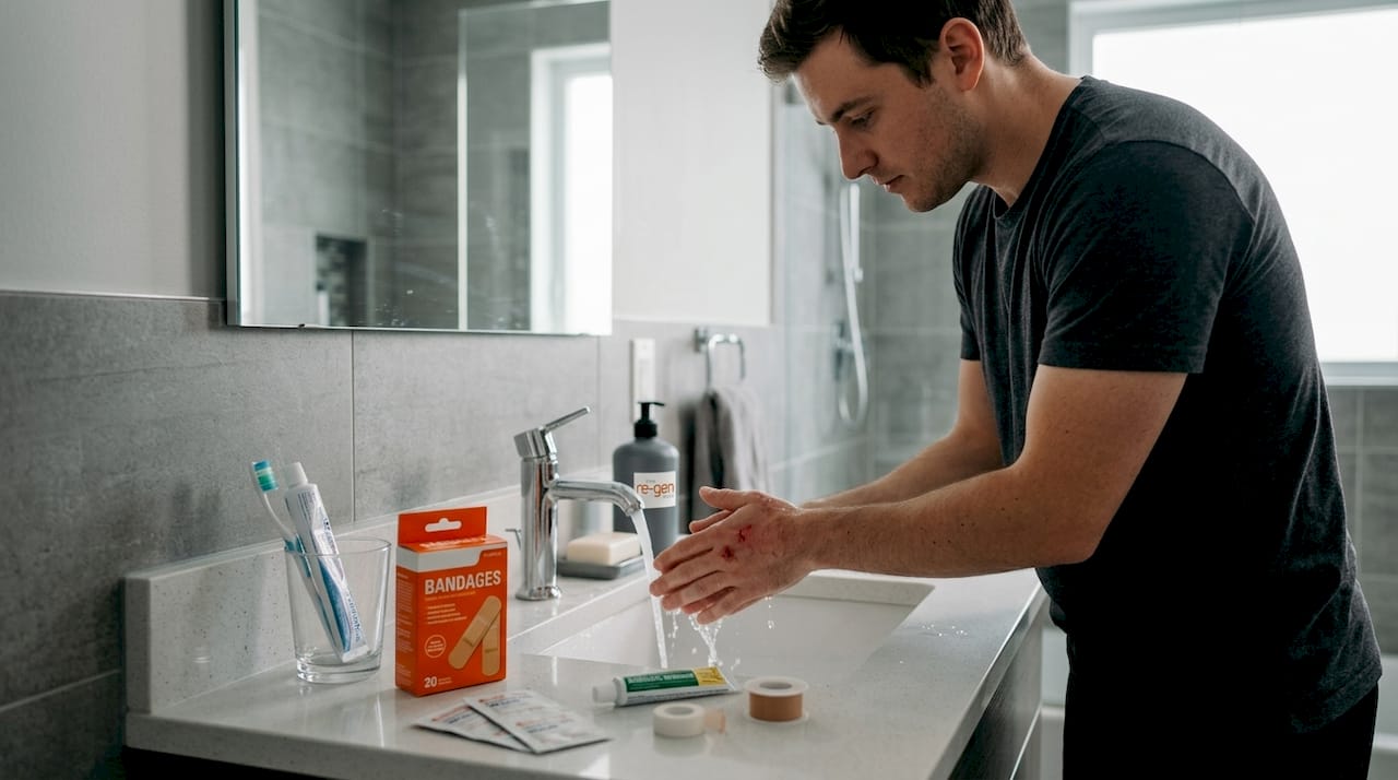 Man washing hands before wound cleaning