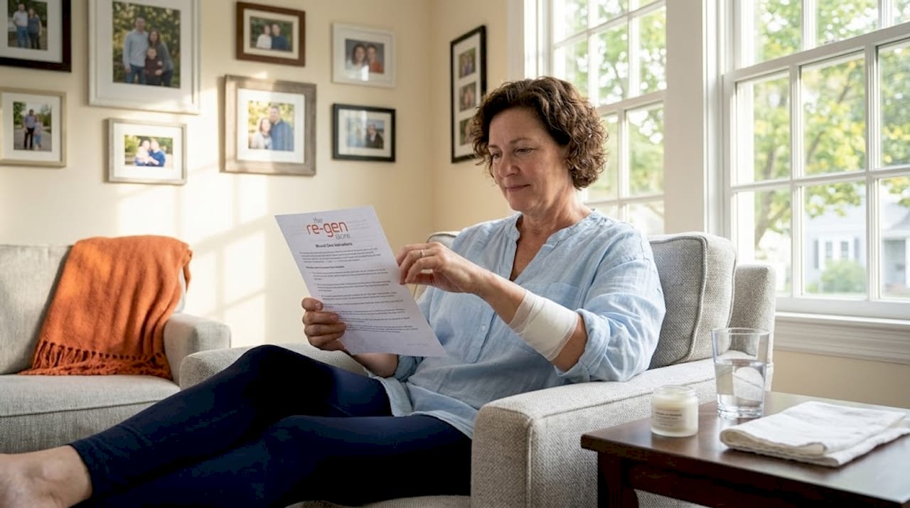 Woman reading post-surgery wound care instructions