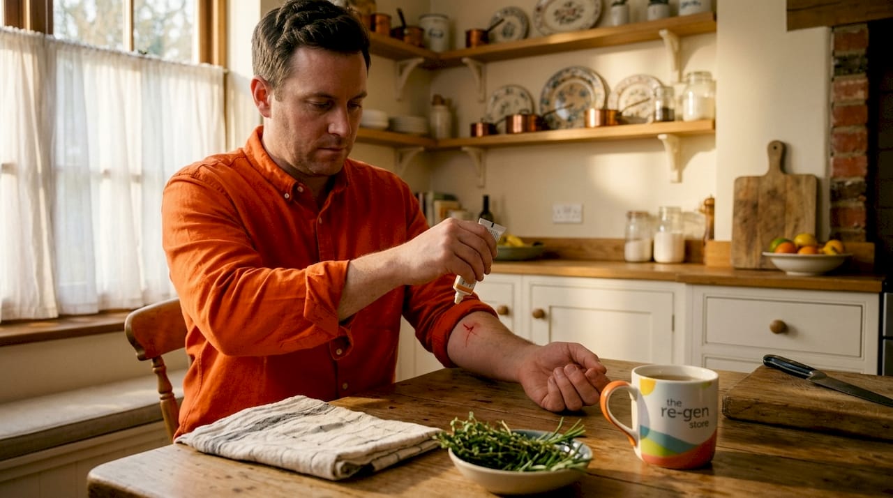 Person applying ointment at home kitchen table