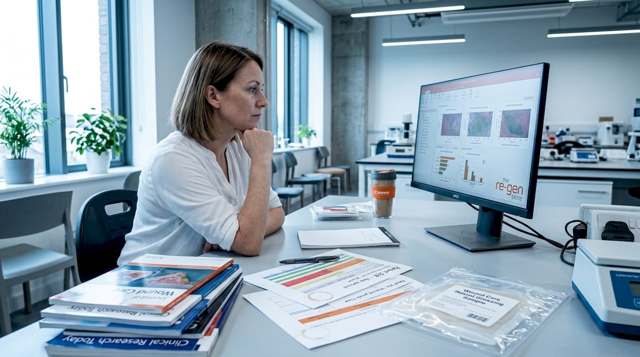Clinical researcher reviewing wound healing study data