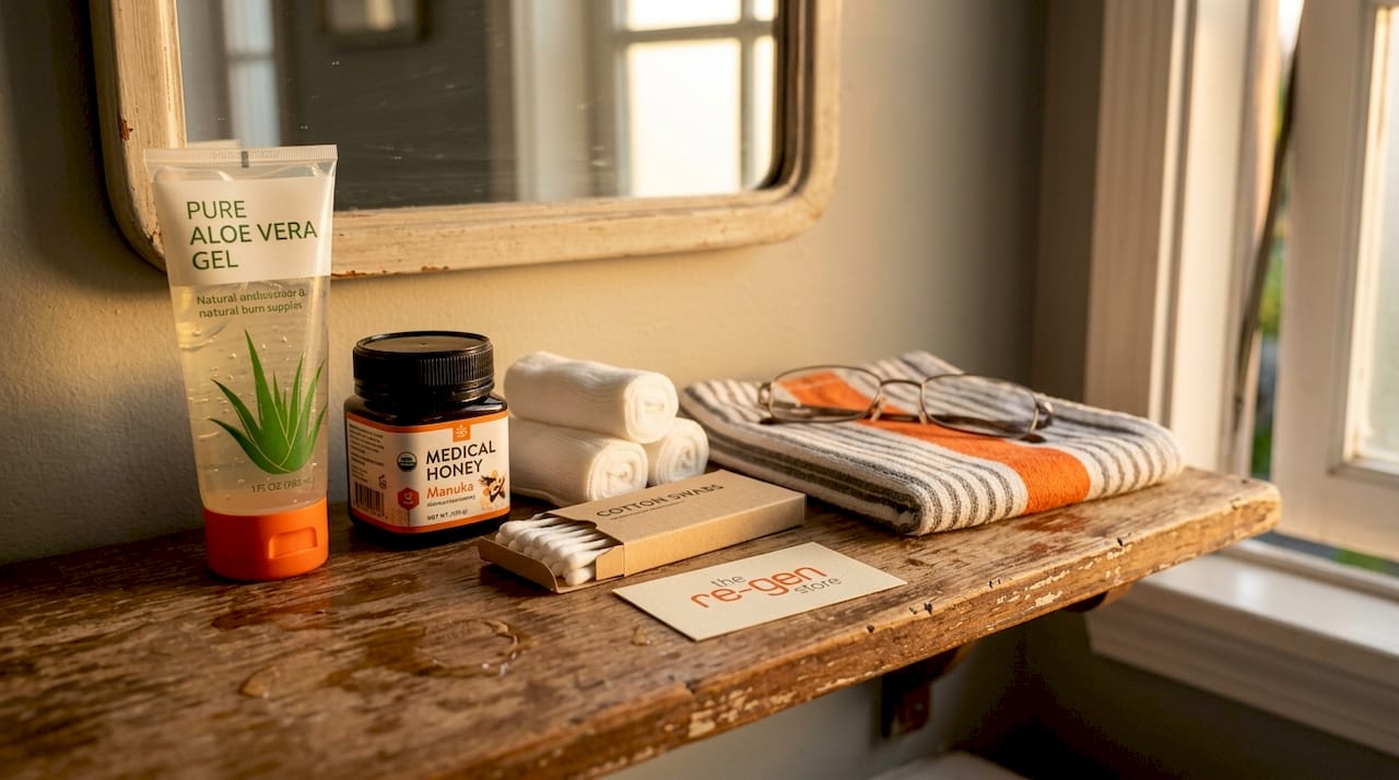 Shelf with natural burn care items and supplies