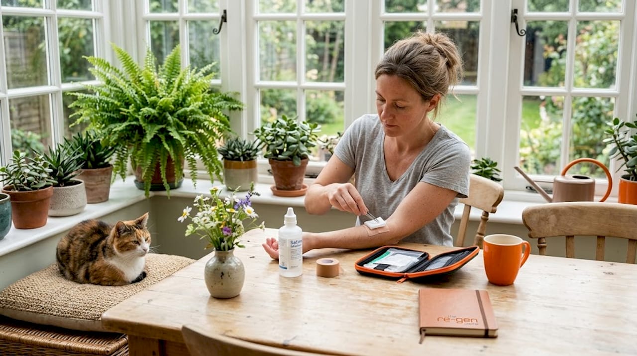 Woman changing bandage at kitchen table
