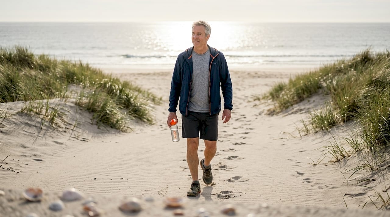 Man walking slowly along suburban sidewalk
