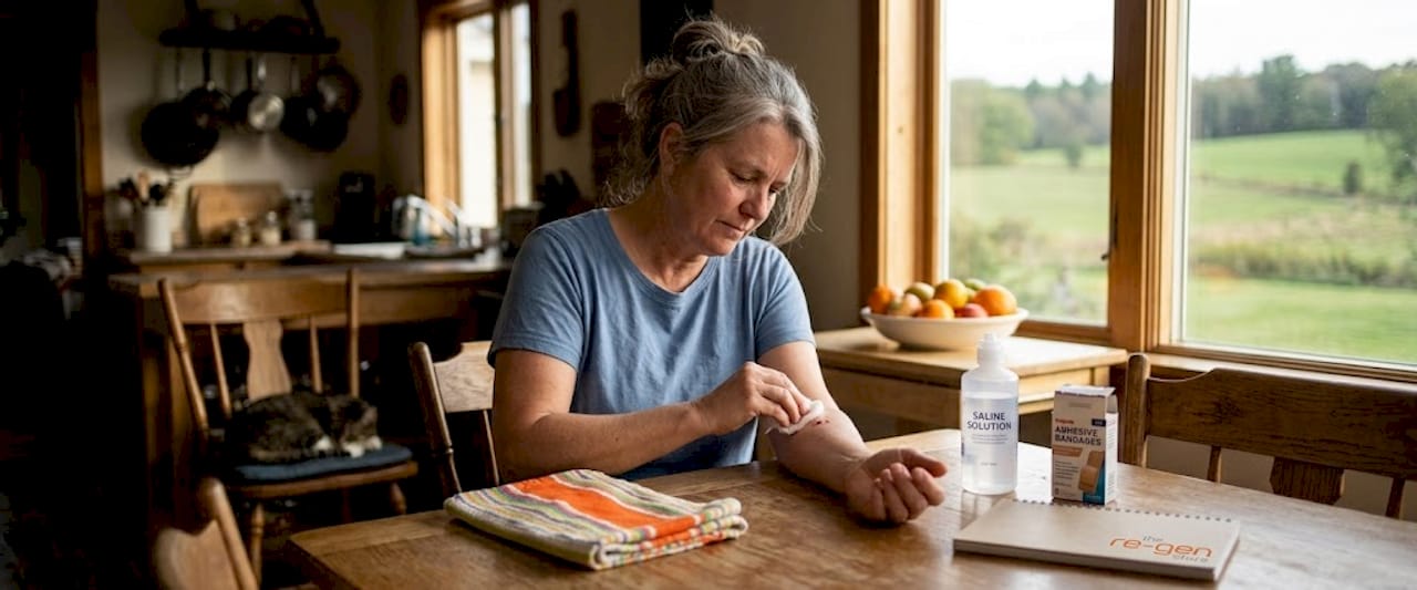 Woman cleaning wound at kitchen table