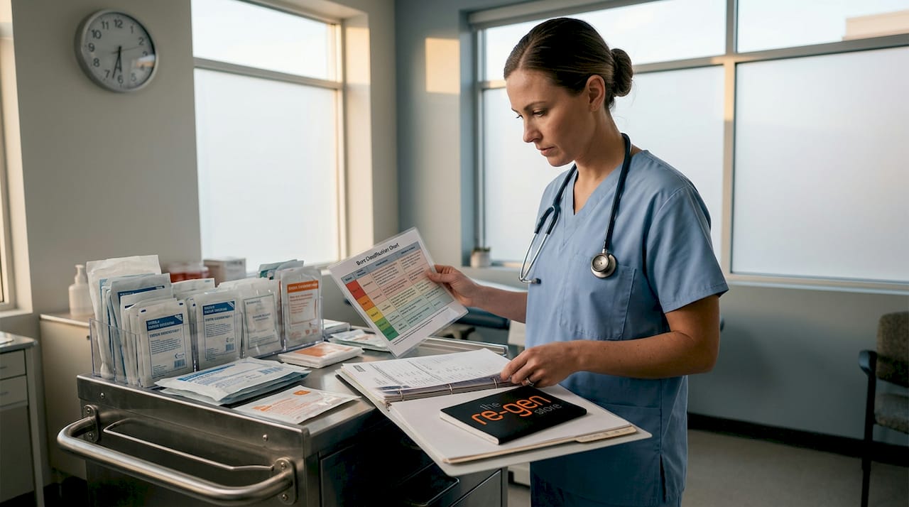 Nurse examining burn classification chart in clinic