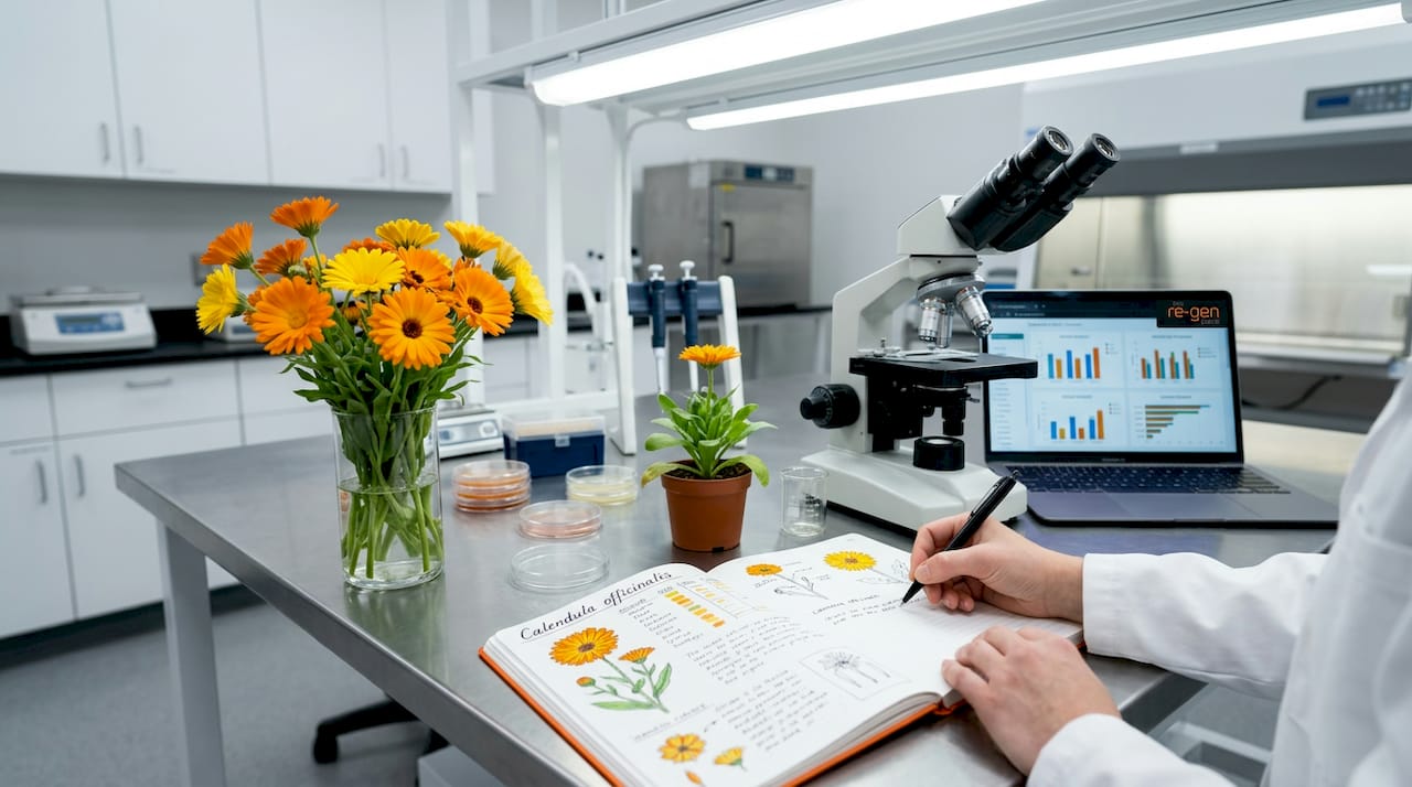 Clinical research workspace with calendula flowers and notes