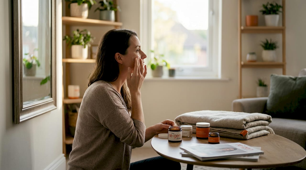 Woman applying herbal skincare cream in bright room