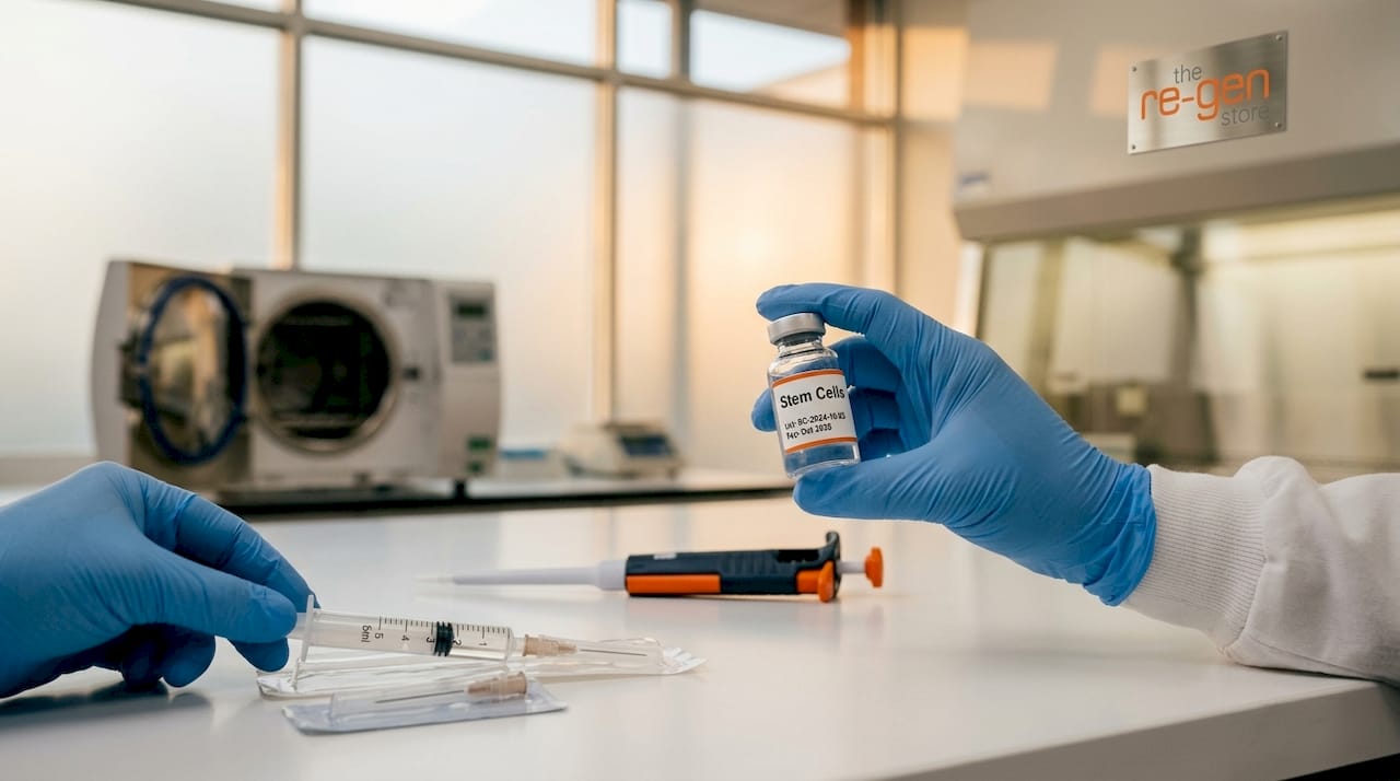 Gloved hand holding stem cell vial in lab