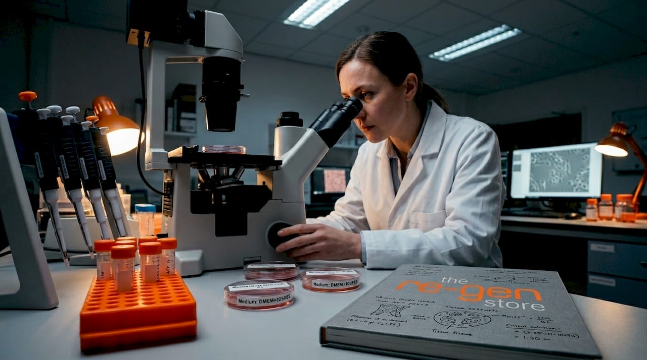 Scientist observing tissue cultures in lab