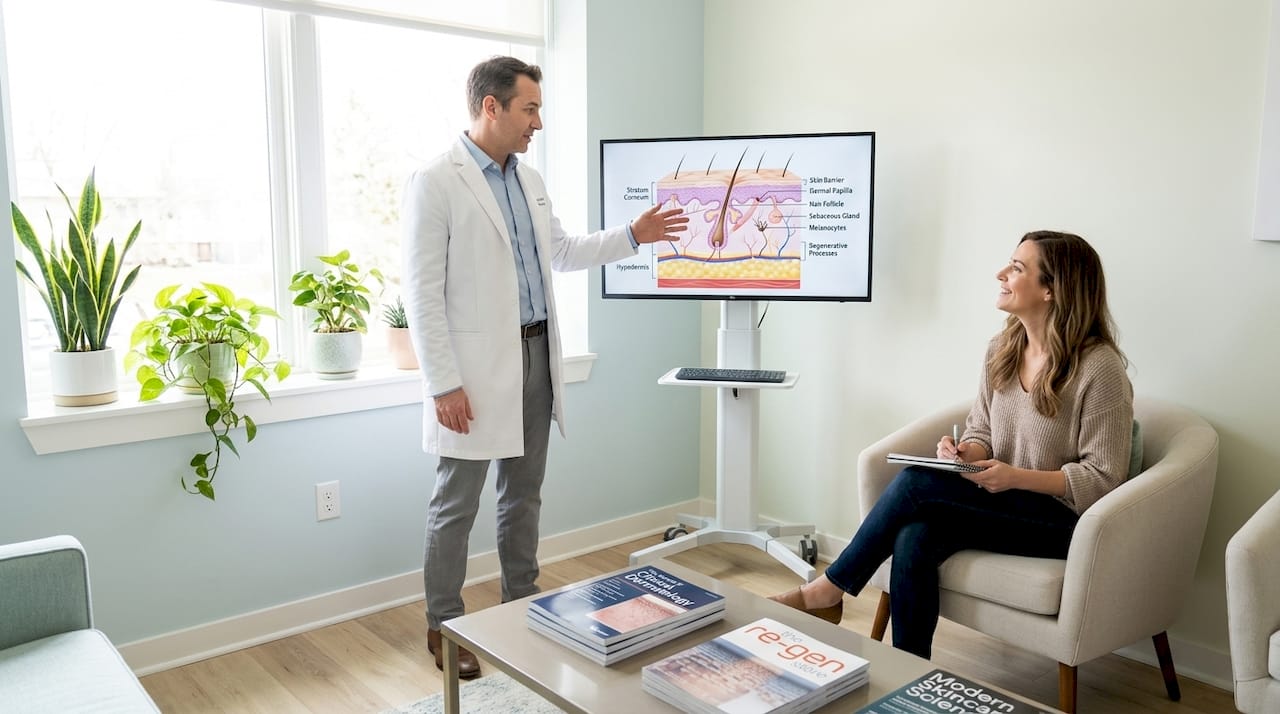 Dermatologist explaining skin barrier with diagram