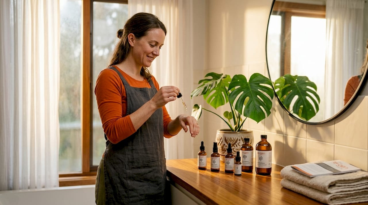 Woman applying skincare serum in bathroom