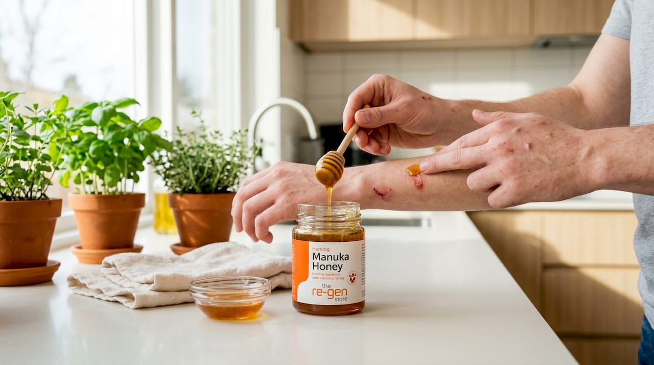 Hand applying Manuka honey on healing cut