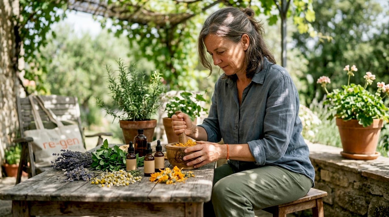 Woman preparing natural healing remedies with aloe and herbs