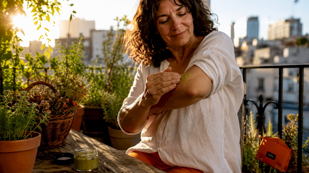 Someone applying herbal salve on elbow