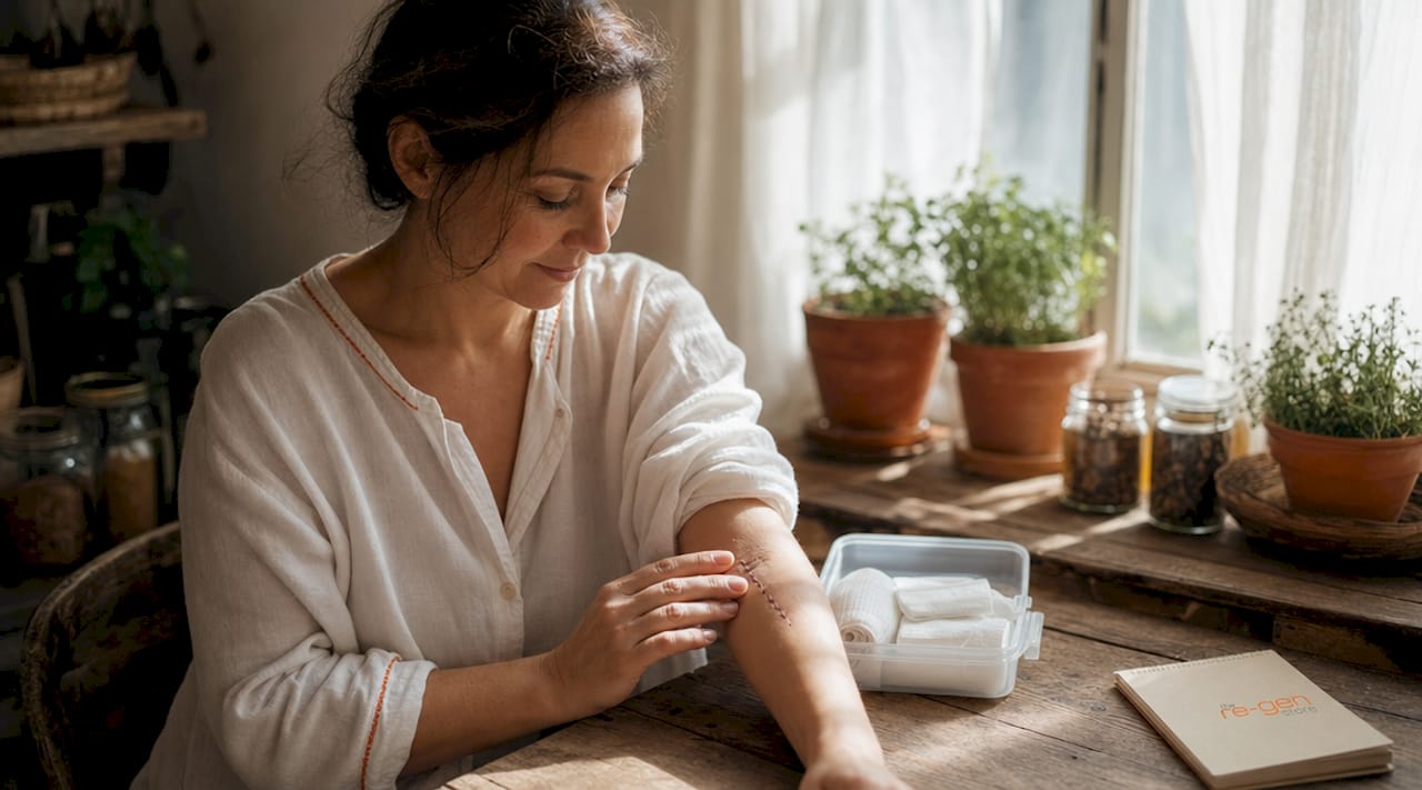 Woman inspecting surgical incision at home