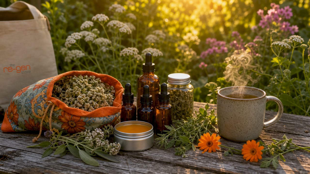 Flat lay of herbal salves, tinctures, and teas