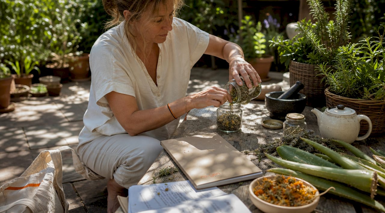 Woman arranging herbal first aid ingredients at home