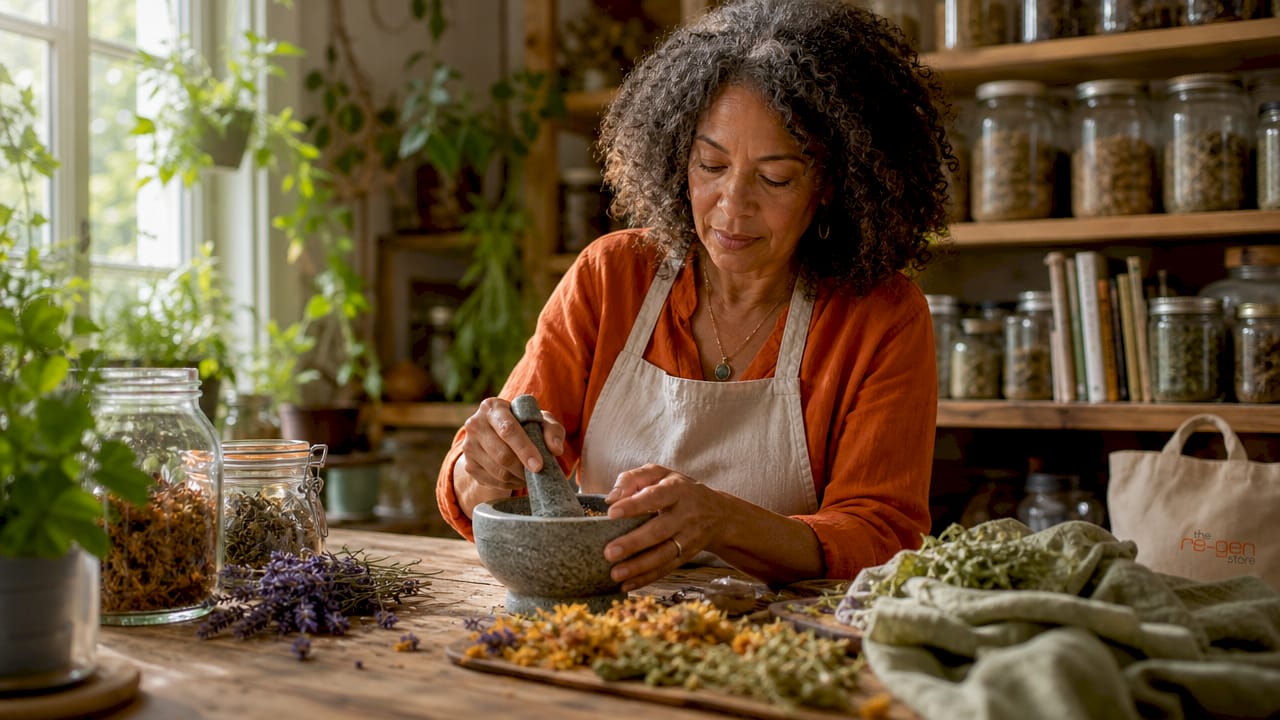 Herbalist preparing natural skin healing ingredients