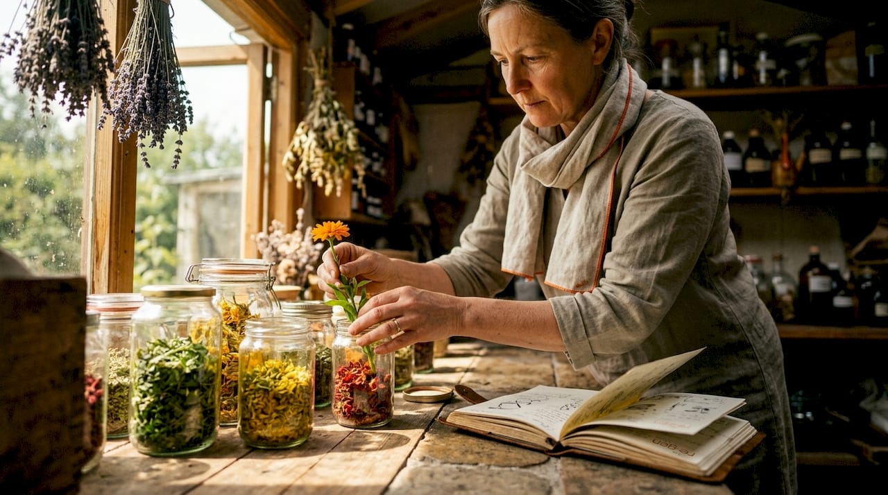 Herbalist preparing plant extracts for healing