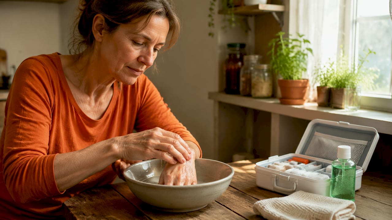Woman applying cool water to burn on hand at home