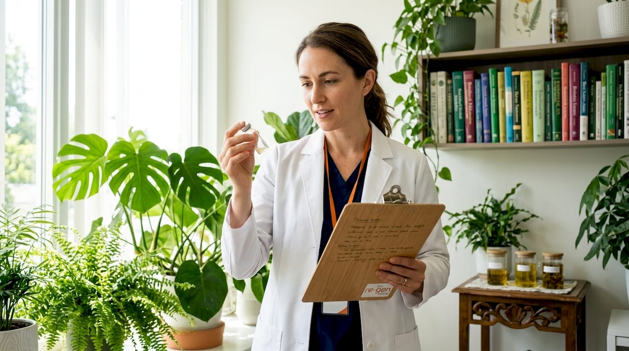 Dermatologist examining botanical skincare product