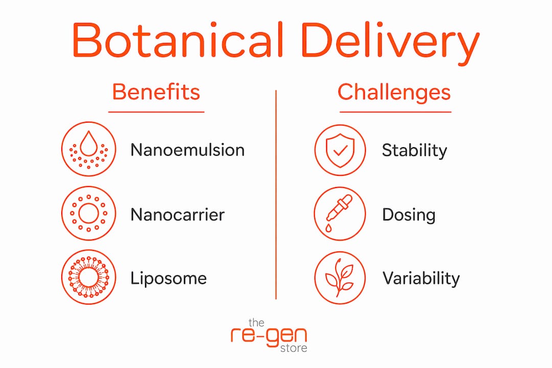 Infographic comparing botanical delivery systems benefits and challenges