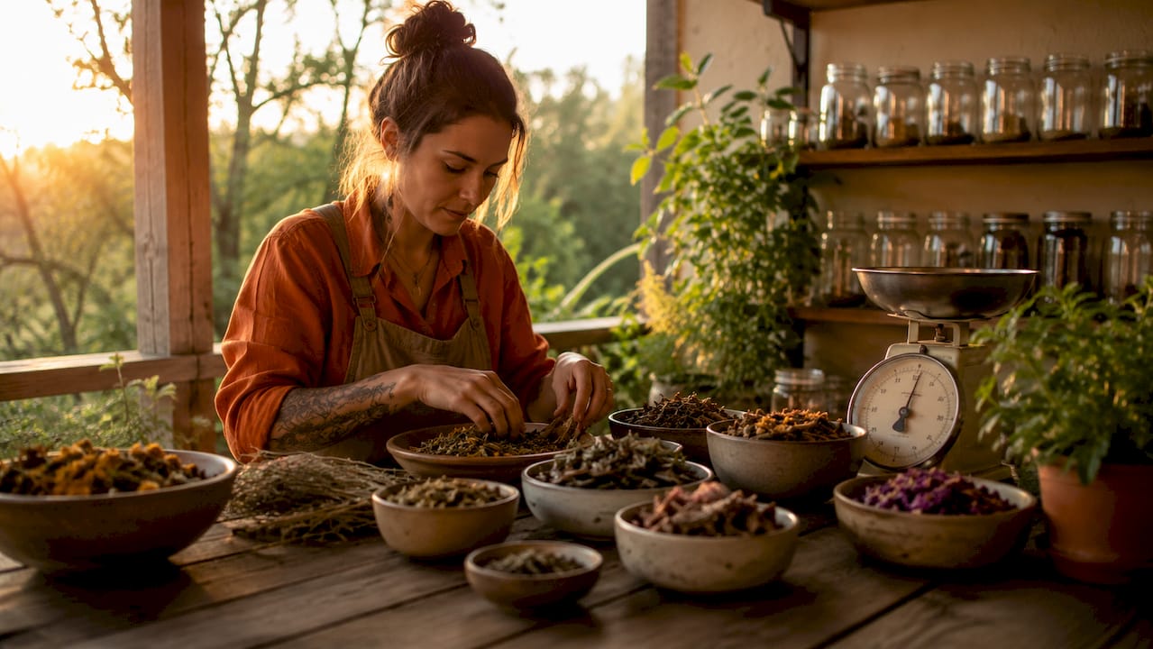 Woman preparing herbal bone healing remedy at home