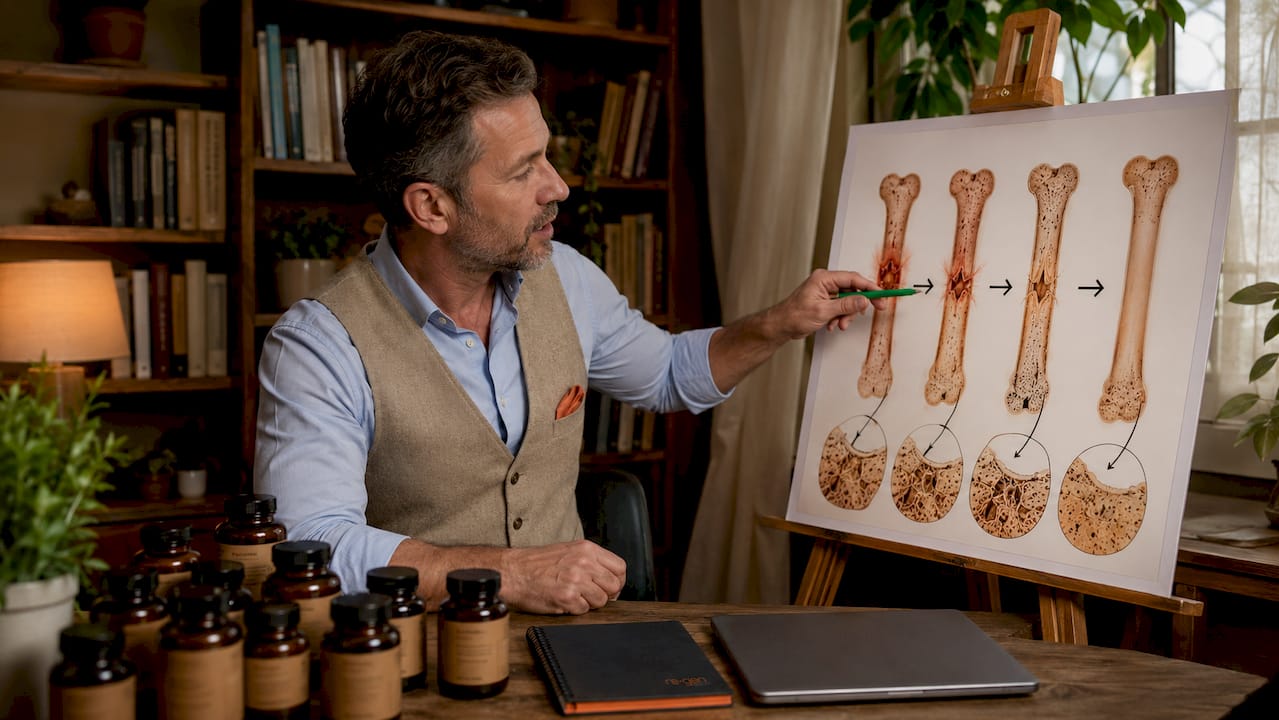 Naturopath explaining bone healing stages with herbs