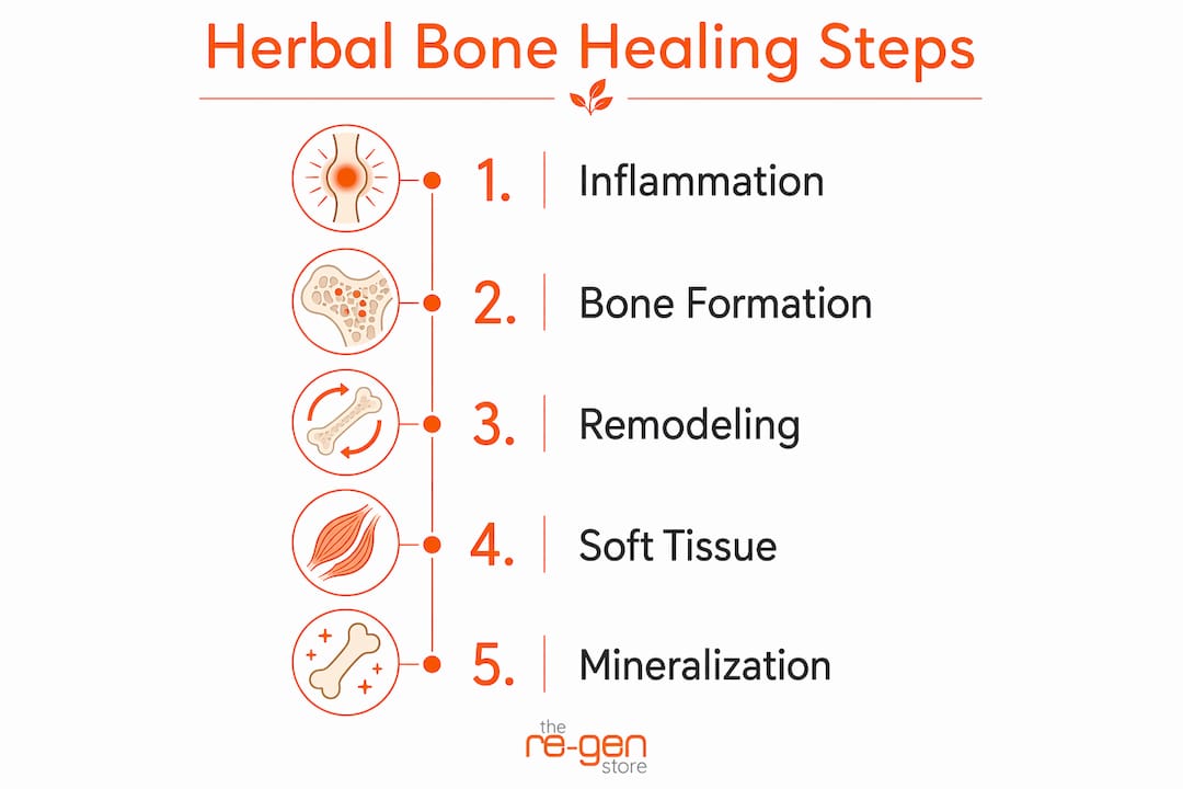 Infographic showing five steps of herbal bone healing
