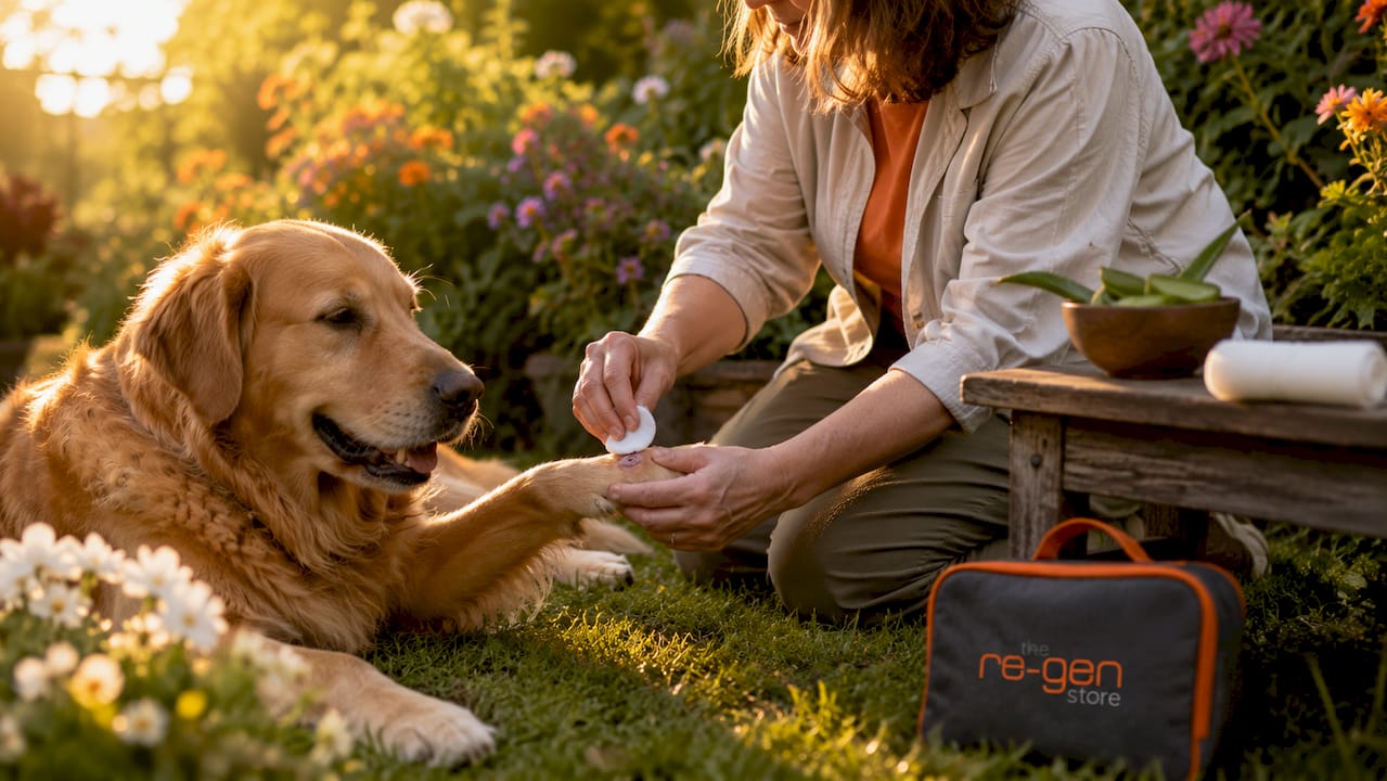 Woman applying natural ointment to dog's paw wound